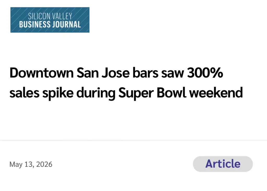 Silicon Valley Business Journal (Article) Downtown San Jose bars saw 300% sales spike during Super Bowl weekend May 13, 2026